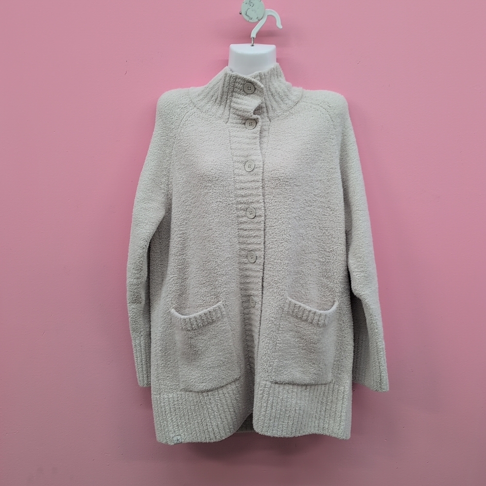 Barefoot Dreams CozyChic Luxe Funnel Neck Button Front Cardigan Medium Almond